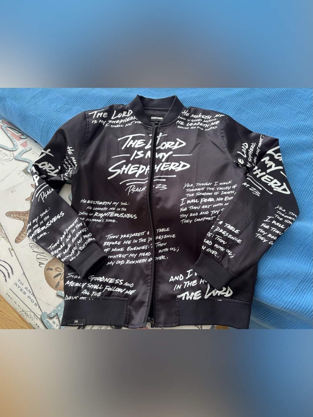 316 Collection Bomber Jacket with Faith-Inspired Print from Psalm 23.